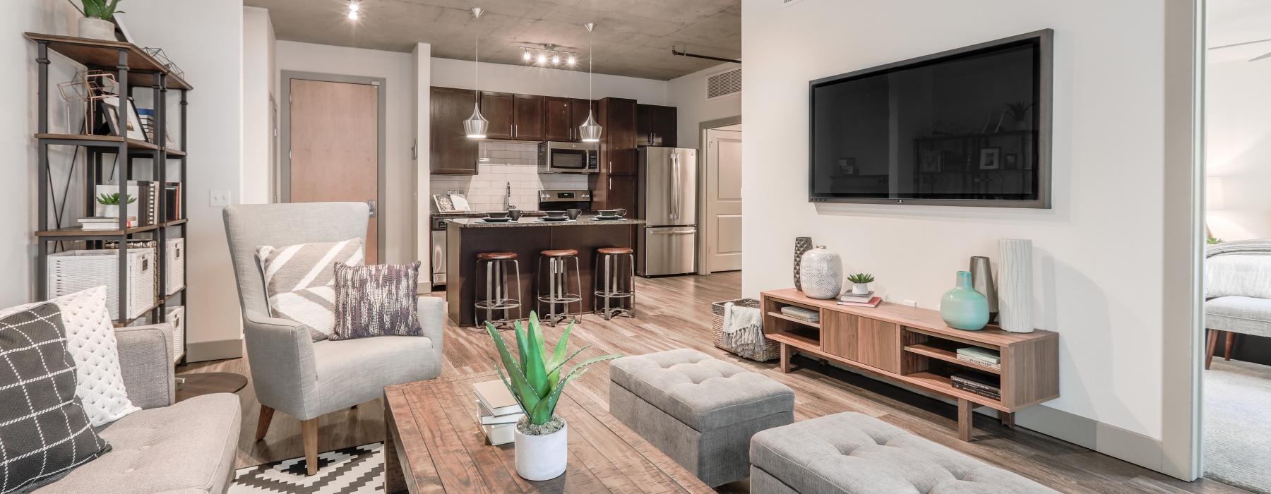 living and kitchen area on wooden style flooring
